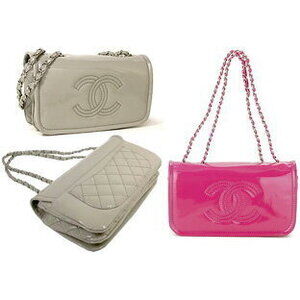 CHANEL Chain Shoulder Bag Big Logo Gray Pink Enamel Coating Patent Leather